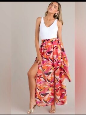 Fate Colorful Abstract Print Boho Midi Skirt. Layered. Soze  Large